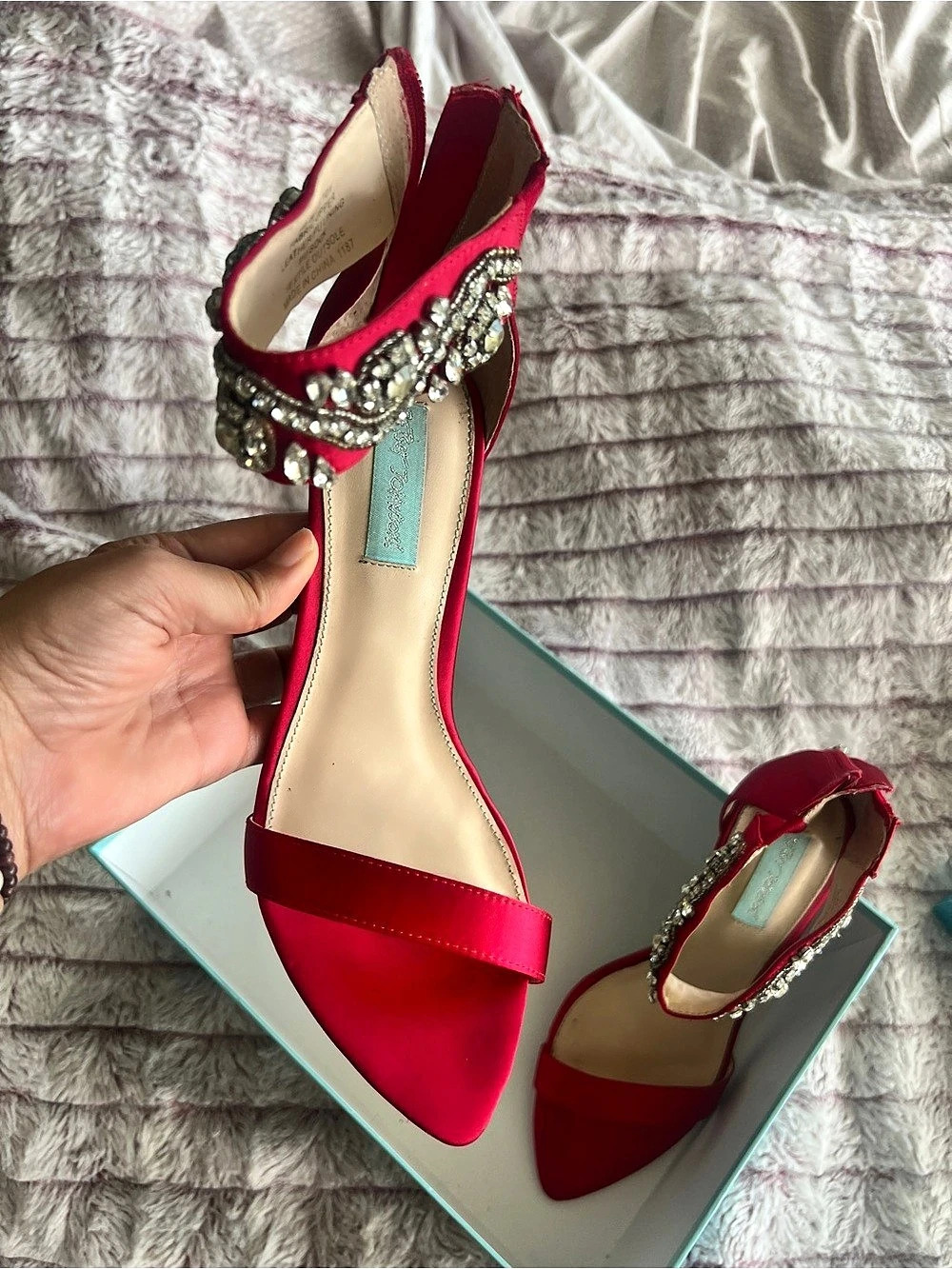 Betsy Johnson Blue Embellished Satin Heels in Red
